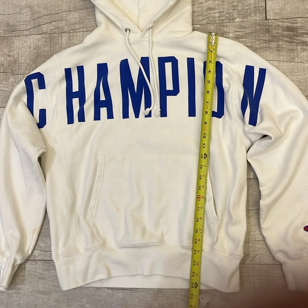 Champion Reverse Weave Hoodie Mens‎ Medium White Spell Out All Over Print Hooded